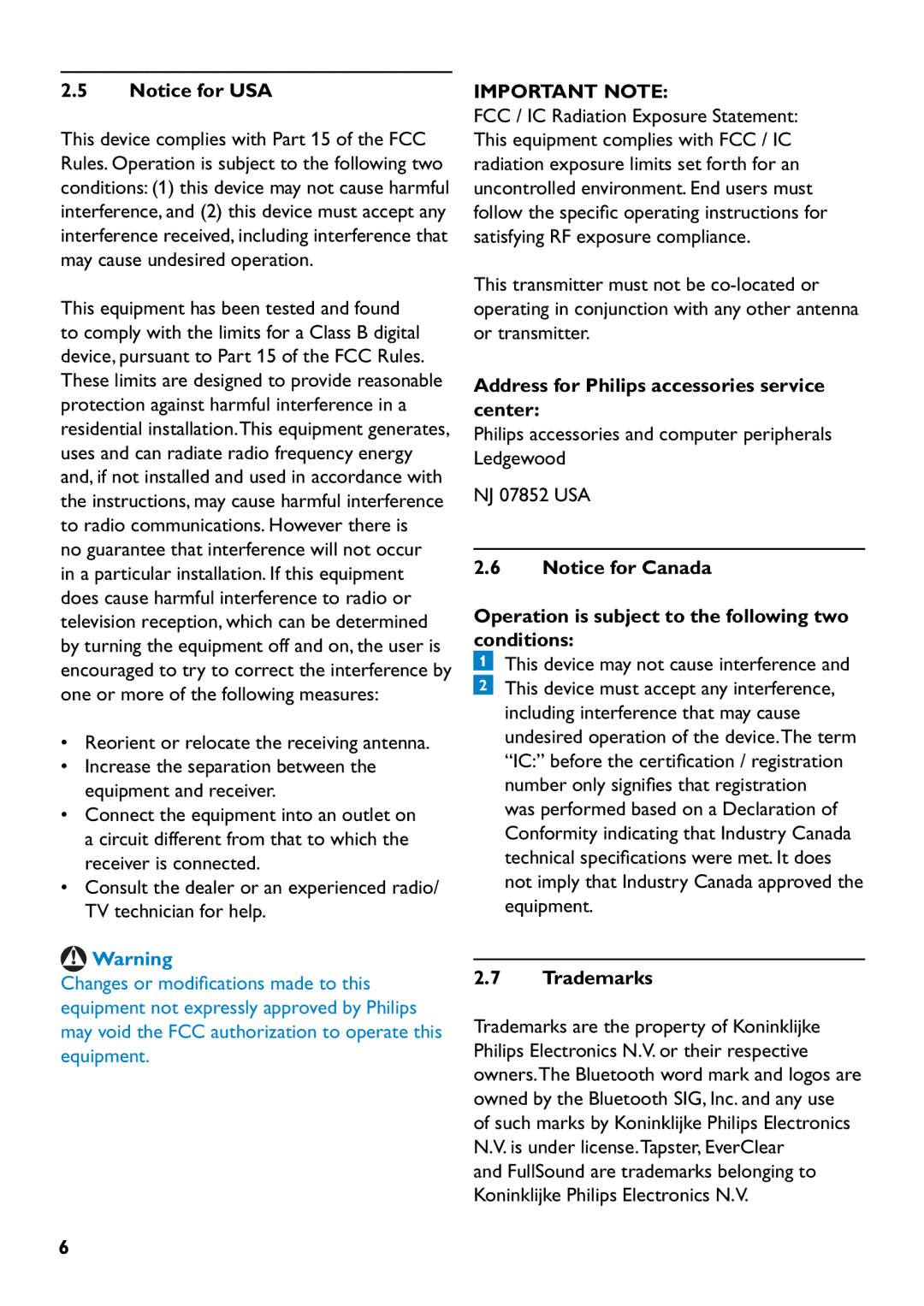 Philips SHB7110 manual  Warning, Address for Philips accessories service center, This device may not cause interference 